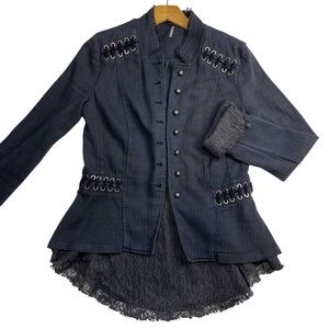 Free People Military Corset Lace Jacket Blazer Navy Blue M
